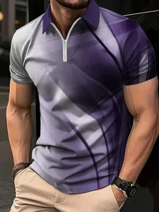 Détail polo homme manches courtes zippé imprimé géométrique 3D, haut décontracté élégant.