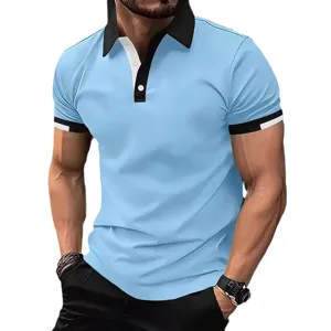 Men's casual short sleeve polo shirt with contrast color lapel in light blue color.
