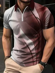 Chemise polo zippée à manches courtes imprimée 3D pour hommes haut d'été motif géométrique