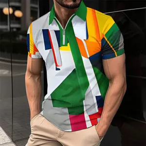Close-up detail of mens short sleeve zip polo shirt with abstract geometric 3D print.
