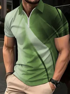 Homme manches courtes 3D imprime fermeture eclair polo ete decontracte haut vetement.