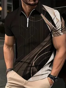Vue détaillée polo homme manches courtes imprimé 3D zippé, design géométrique moderne.