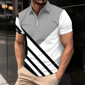 Mens Short Sleeve Zip Polo Shirt Casual Color Block Striped Summer Tee Top Apparel
