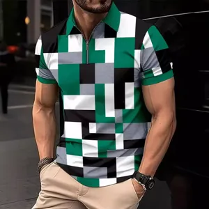 Polo d'été pour homme à manches courtes et fermeture éclair avec imprimé 3D géométrique