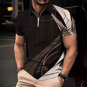 Polo homme à manches courtes et zip, avec imprimé géométrique 3D moderne coupe slim.