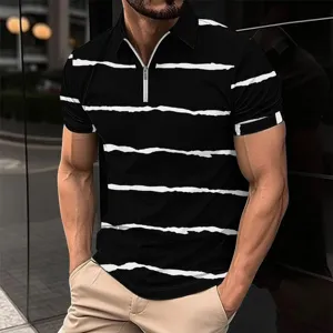 Men short sleeve polo shirt with half zipper and white stripe casual top for men style