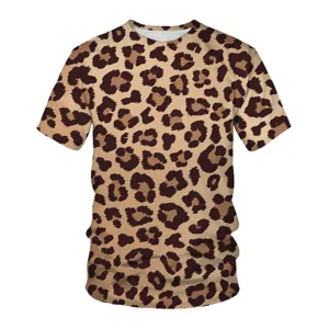Detailed close-up view of mens short sleeve t-shirt featuring allover leopard print 3D graphic.