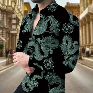 Men's long sleeve slim fit shirt featuring unique turquoise dragon and floral print on black.