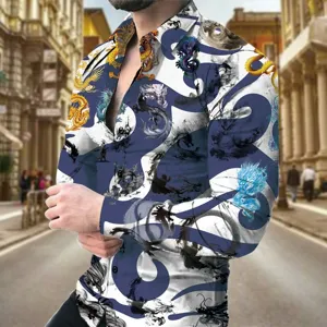 Men casual long sleeve slim fit turn down collar shirt with 3d dragon print detail.