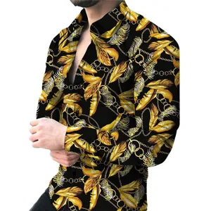 Men's fashion long sleeve casual shirt with luxury gold feather chain 3d print design.