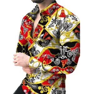 Men's fashion long sleeve baroque chain print slim fit turn down collar casual dress shirt