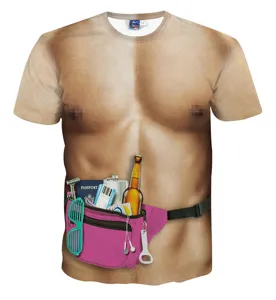 Gedetailleerd overzicht van het grappige 3D spier t-shirt met realistische grafische print.