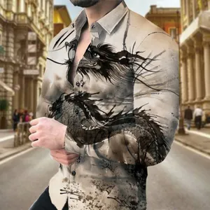 Men's casual long sleeve shirt featuring a striking 3D ink dragon print and classic lapel.