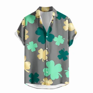 Men's St Patrick's Day Hawaiian Shirt Grey Clover Print Short Sleeve Casual Top