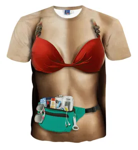 Grappig 3D geprint T-shirt met nep spierbuik en bikini voor heren zomer casual stijl.