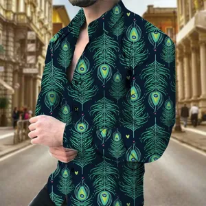Detailed view showcasing the intricate peacock feather pattern on the stylish long sleeve shirt.