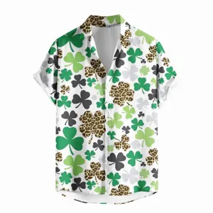 St. Patrick's Day clover and leopard print short sleeve shirt detail view for men