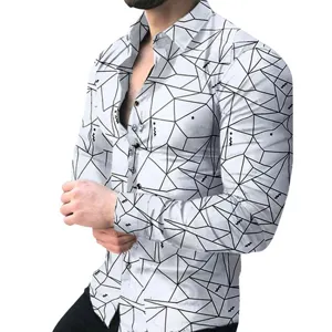 Men's slim fit long sleeve shirt featuring abstract geometric 3D print and lapel collar.
