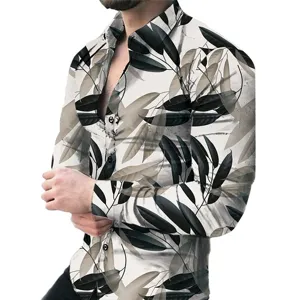 Men's casual long sleeve shirt with black grey leaf 3D print slim fit button down.