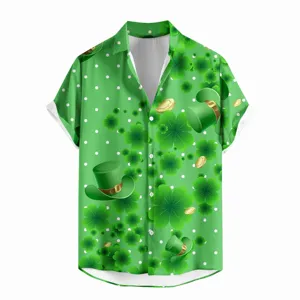 Men's St. Patrick's Day green short sleeve Hawaiian shirt with clover and hat 3D print.