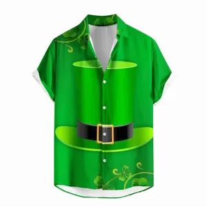 St. Patrick's Day 3D printed green short-sleeve shirt, festive top hat pattern design.
