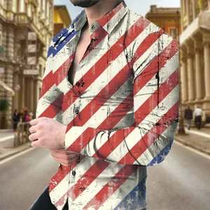 Men's casual long sleeve shirt featuring a vintage distressed American flag 3D print.