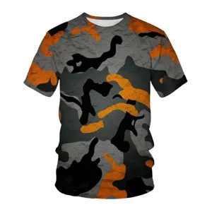 Detailed view of 3d digital printed camouflage t-shirt showing orange and grey texture.