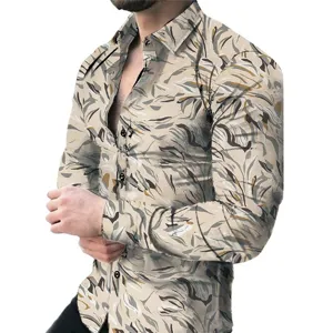 Men long sleeve slim fit casual shirt with unique abstract leaf print design for daily wear.
