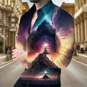 Men's 3D Galaxy Mountain Print Long Sleeve Casual Slim Fit Shirt Showcasing Details