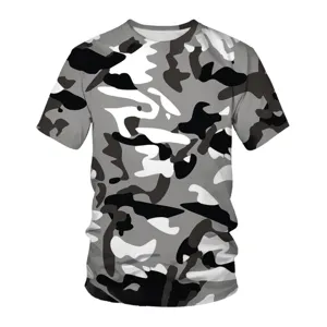 Detail view of the stylish grey and black camouflage print on this short sleeve shirt.
