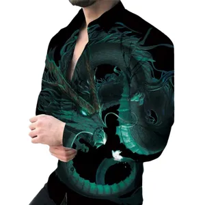 Men's Black Long Sleeve Shirt Featuring 3D Dragon Print Slim Fit Casual Lapel Collar