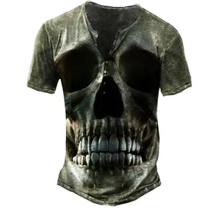 T-shirt homme impression crâne 3D manches courtes streetwear mode haut style henley.