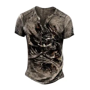 T-shirt homme vintage manches courtes Henley avec impression crâne 3D streetwear mode