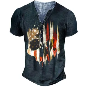 T-shirt Henley homme impression crâne drapeau 3D, détail style streetwear vintage.
