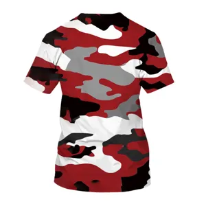 Men's short sleeve t-shirt with 3d red black white camo print casual crewneck top.