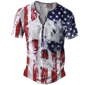 T-Shirt Henley Décontracté pour Hommes Manches Courtes Impression Numérique 3D Streetwear Été Haut Respirant en Polyester