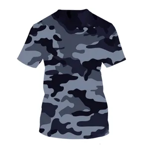 Men's blue camouflage short sleeve t-shirt detail view showing the digital print pattern.