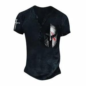 T-shirt homme manches courtes Henley imprime casque spartiate 3D streetwear top
