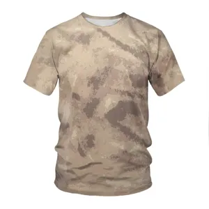 Desert camo 3D printed short sleeve men t-shirt fabric detail and camouflage pattern close-up