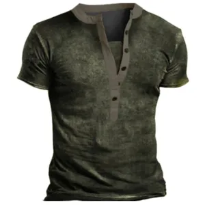 Men's Vintage Henley T-Shirt Short Sleeve Casual Button Placket Olive Green Top