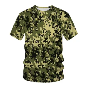 Detail view of the 3D digital printed camouflage short sleeve crewneck men t-shirt.