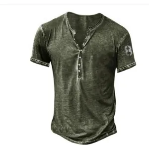 Close up detail view of men vintage washed short sleeve button henley shirt sleeve logo.