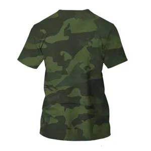 Green camo t-shirt detail view, showing 3d digital print, casual round neck style.