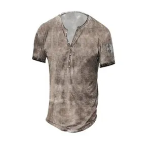 Men's vintage distressed print short sleeve Henley t-shirt casual slim fit top summer fashion.