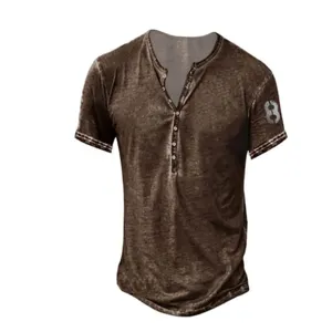 Vintage brown men's short sleeve Henley shirt with button placket for casual summer wear.