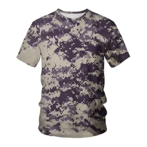 Detail view of men short sleeve t-shirt featuring 3d digital pixel camouflage print pattern.