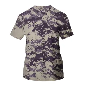 Detailed view of the back of a men's digital camo short sleeve t-shirt with print.