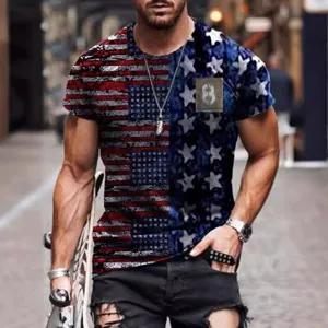 Men's short sleeve T-shirt with 3D American flag print, casual streetwear style top.