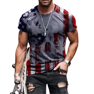 Men's 3D American Flag Skull Print Short Sleeve T-shirt Streetwear Fashion Casual Summer Top
