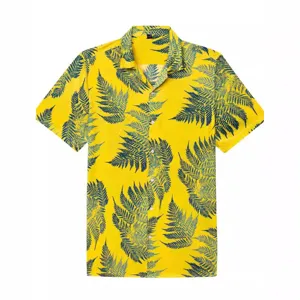 Men's short sleeve Hawaiian shirt featuring a vibrant yellow fern leaf botanical print design.